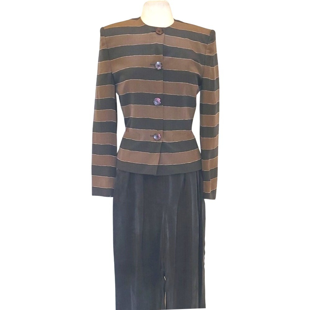 Jones Of New York Vintage 100% Silk Short Brown Gray Striped Jacket Pants Suit 6